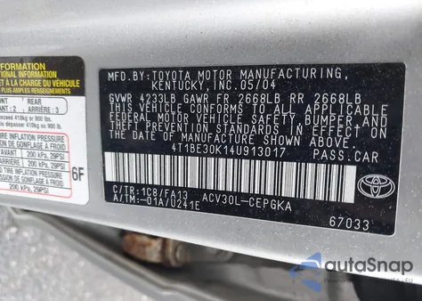 2004 Toyota Camry Xle from USA, damaged, VIN 4T1BE30K14U913017